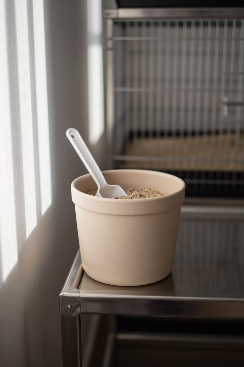 Gerbil Sand Bath Scoop Jar in Kennel Corridor in in a boarding kennel corridor in Sloviansk
