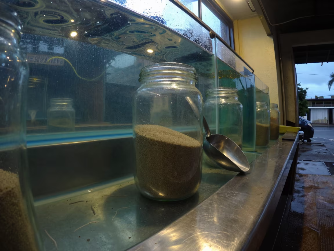 Gerbil Sand Scoop Jar on Service Counter in inside a fish bagging counter zone in Higüey