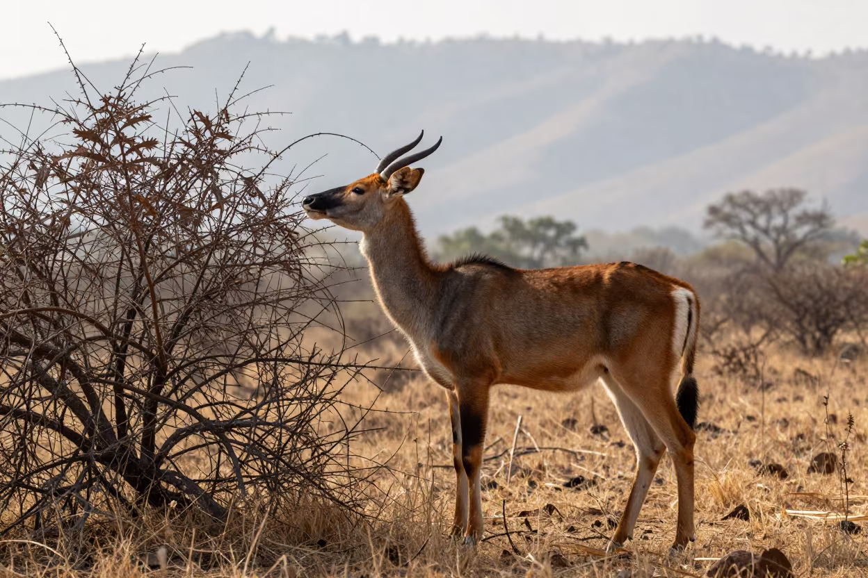 Gerenuk Browsing Thorn Bush in Dry Mountain Light in near Thiruvananthapuram