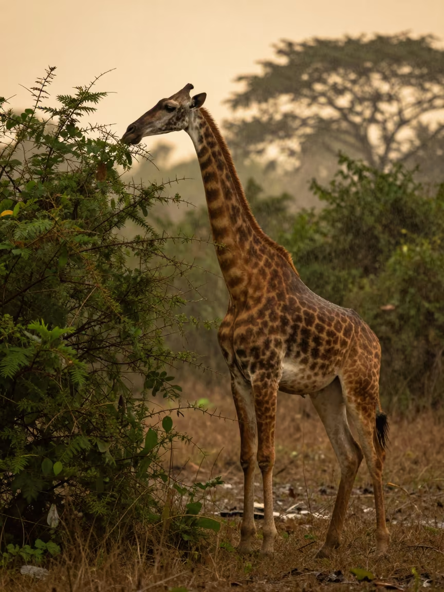 Gerenuk Browsing Thorn Bush at Sunset in near Medan