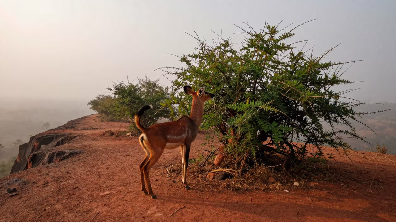 Gerenuk Browsing Thorns on Monsoon Ridge in on a wind-scoured ridge near Raipur