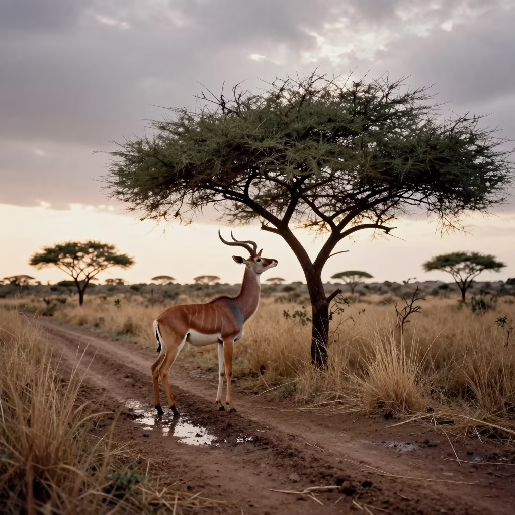 Gerenuk Stands Browsing Wet Season Trail in along a game trail near Pisco