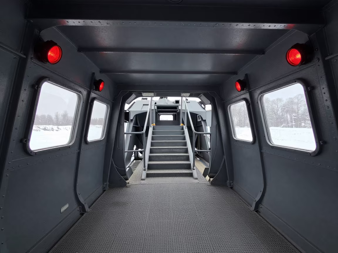 German Armored Bunker Stairwell Red Light in in an armored vehicle bay in Germany