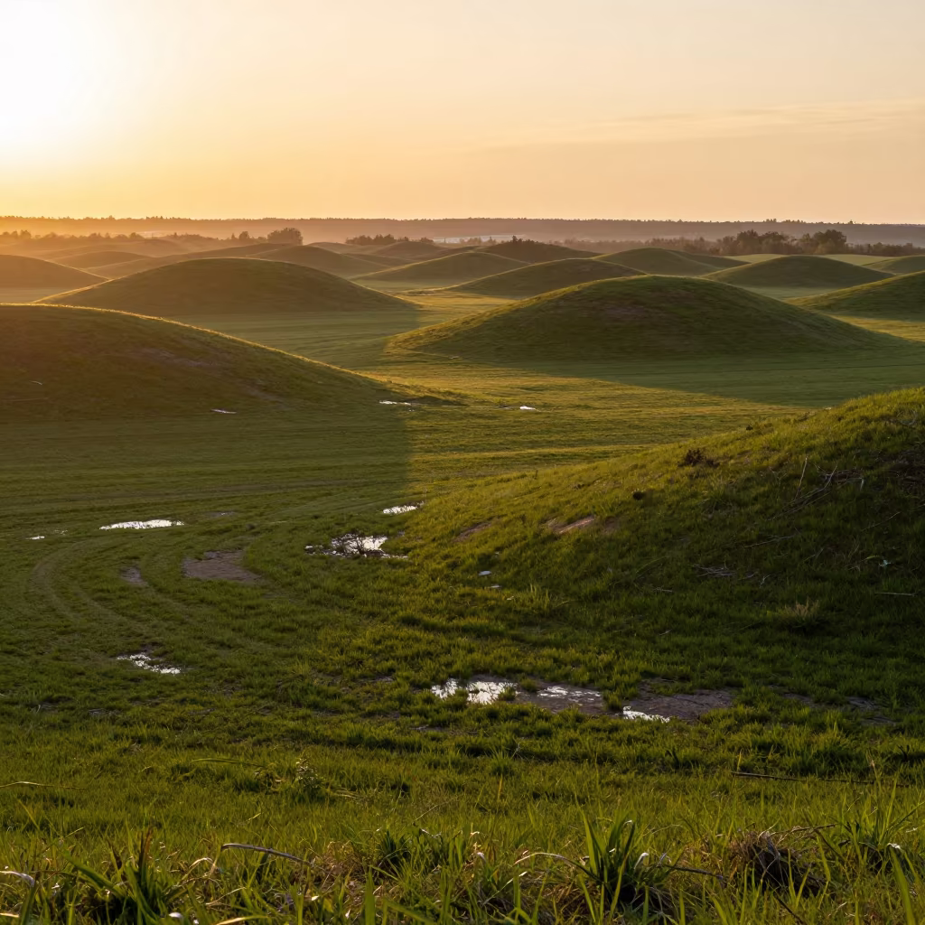 German Drumlin Field Sunset Golden Hour in across a floodplain after rain in Germany