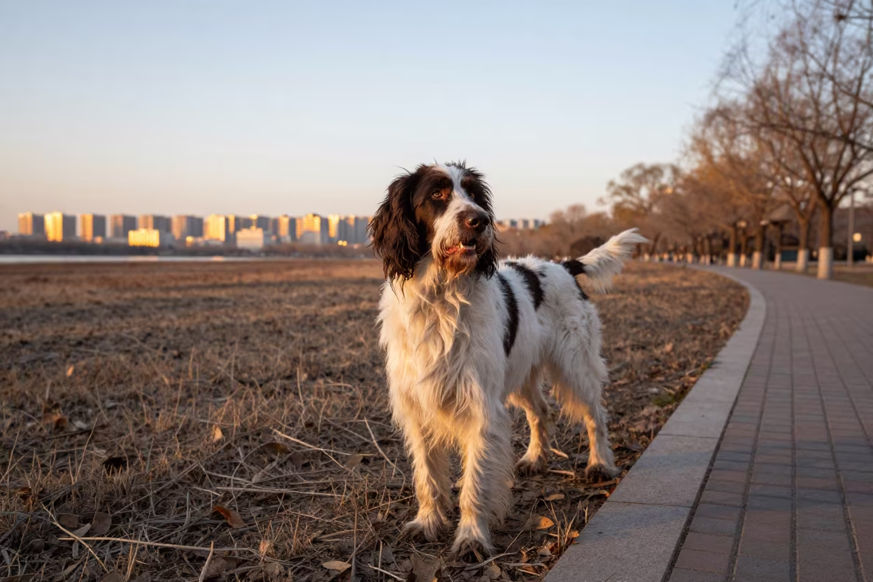 German Longhaired Pointer in Hohhot Spring Park in along a quiet park path with soft open shade and a clean background near Hohhot