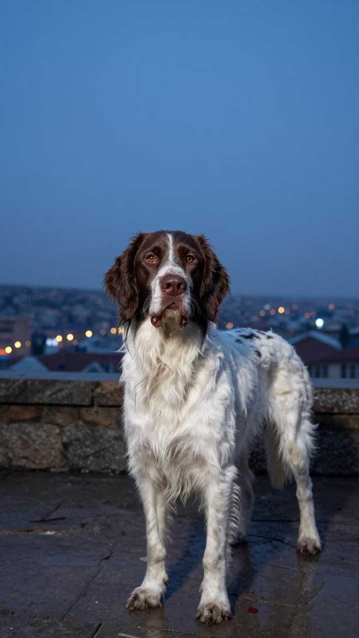 German Longhaired Pointer in Winter Yerevan in near a garden edge with soft morning light and an uncluttered background in Yerevan