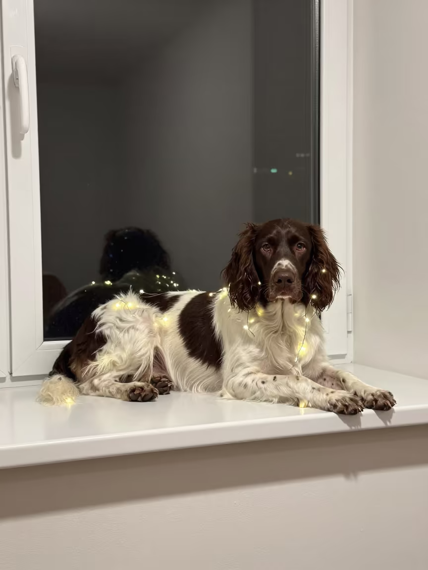 German Longhaired Pointer on Apartment Window Seat Night in on a window seat in a quiet apartment with soft side light in Khyrdalan