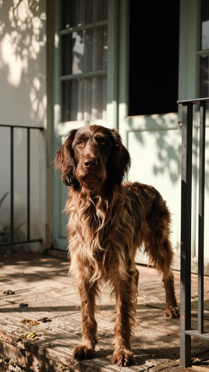 German Longhaired Pointer on Shaded Belo Horizonte Porch in on a shaded front porch with boards, railings, and eye-level framing in Belo Horizonte