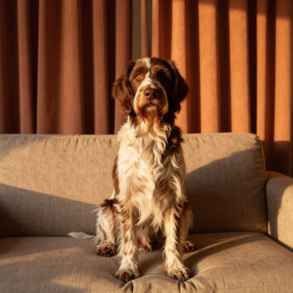 German Longhaired Pointer Portrait In Amber Light in on a sofa near a curtained window with calm indoor light in Valladolid