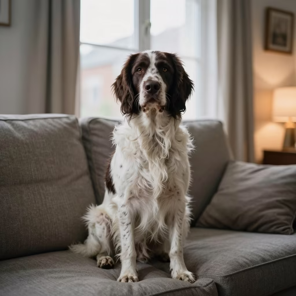 German Longhaired Pointer Portrait in Bremen Living Room in on a sofa near a curtained window with calm indoor light in Bremen