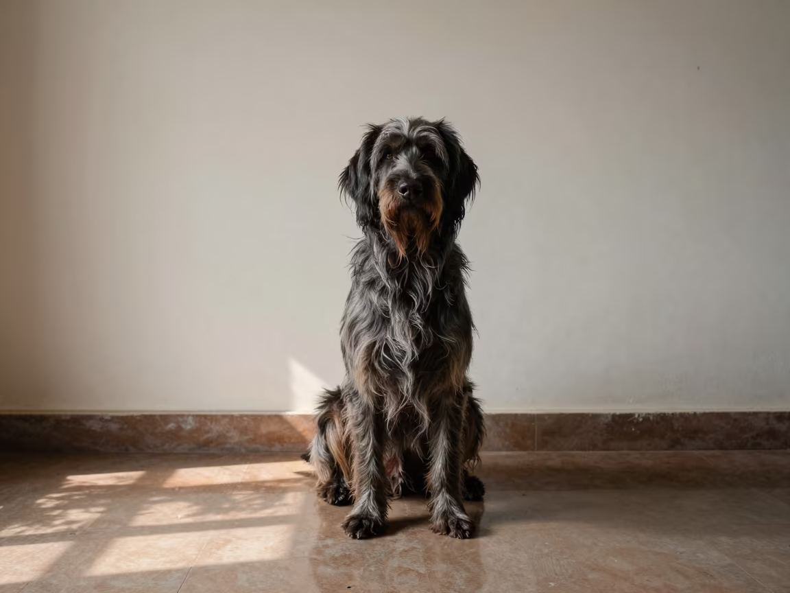 German Longhaired Pointer Portrait in Chennai Light in beside a plain plaster wall in soft indoor light with the animal centered in frame in Chennai