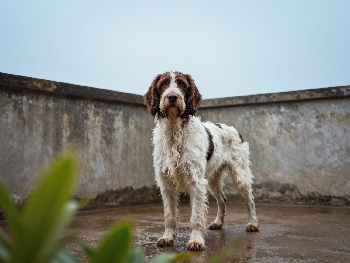 German Longhaired Pointer Portrait in Malabo in beside a plain courtyard wall in clear daylight with the animal at eye level near Malabo