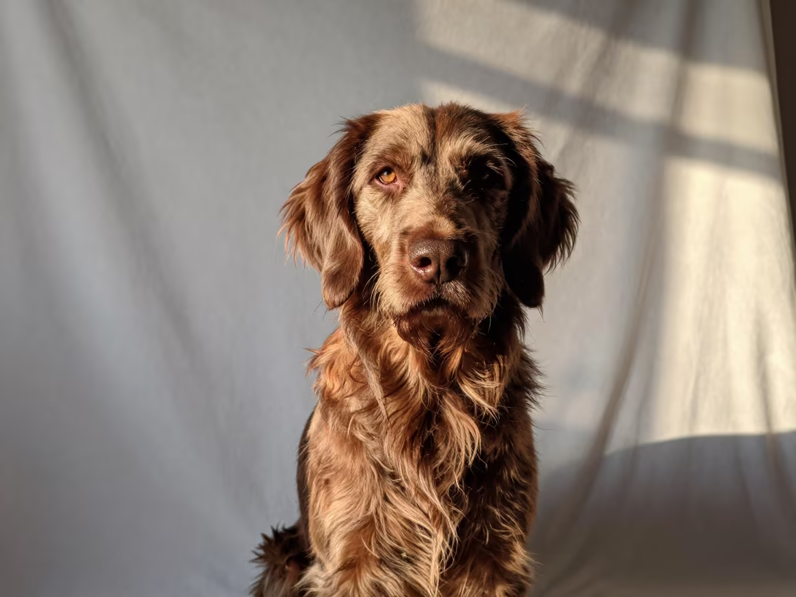 German Longhaired Pointer Portrait in Quetta Studio in in a quiet portrait studio with a plain backdrop and eye-level framing in Quetta