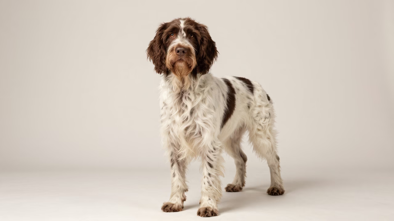 German Longhaired Pointer Portrait Karachi Studio in in a quiet portrait studio with a plain backdrop and eye-level framing in Karachi