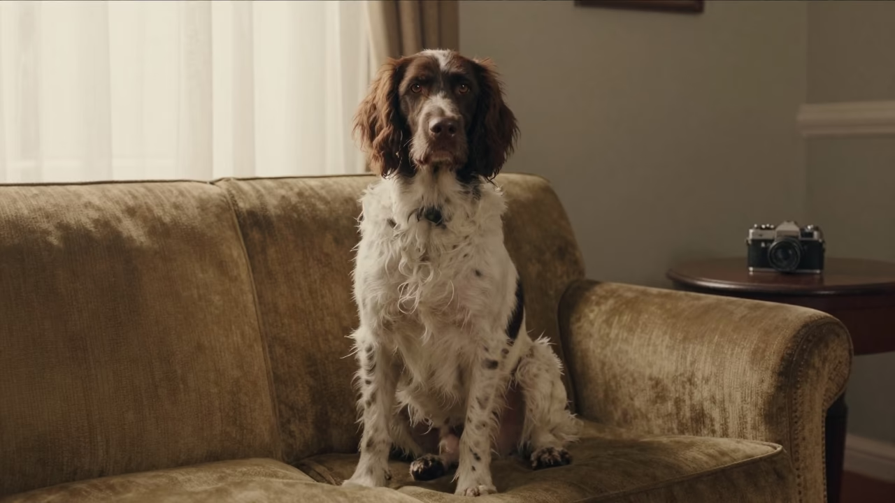 German Longhaired Pointer Portrait Near Window in on a sofa near a curtained window with calm indoor light near Davao