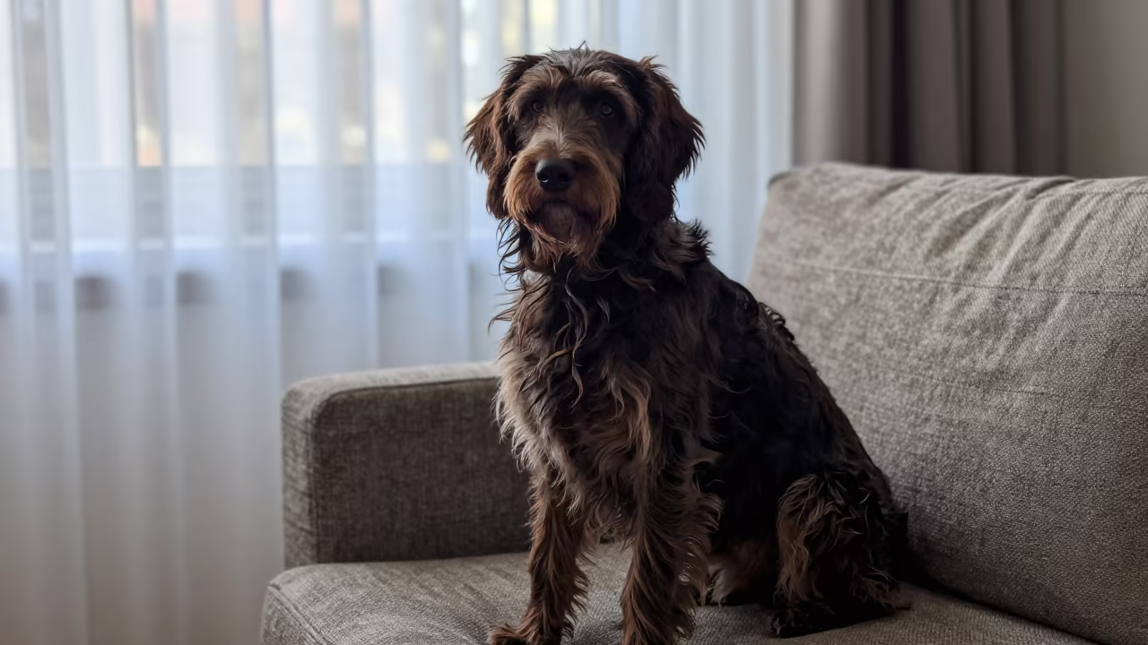 German Longhaired Pointer Portrait on Sofa in on a sofa near a curtained window with calm indoor light in Mixco