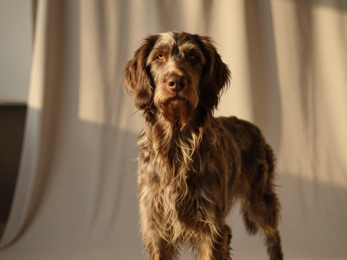 German Longhaired Pointer Portrait Studio in in a quiet portrait studio with a plain backdrop and eye-level framing in Swabi