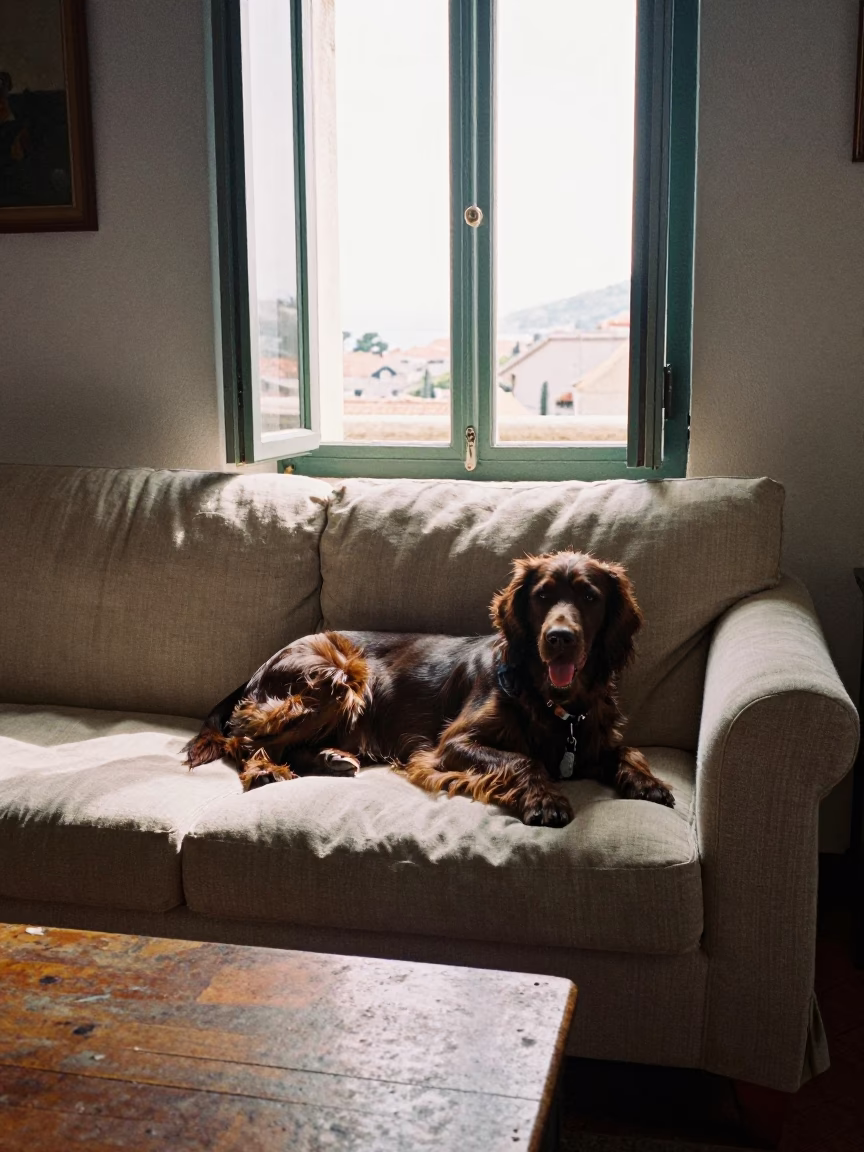 German Longhaired Pointer Resting on Linen Sofa in on a linen sofa with daylight from a nearby window in Dubrovnik