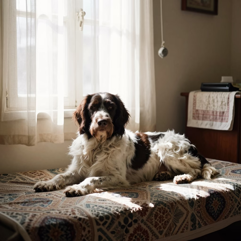 German Longhaired Pointer Resting on Rajkot Bedspread in on a bedspread near a bright window with calm indoor light in Rajkot