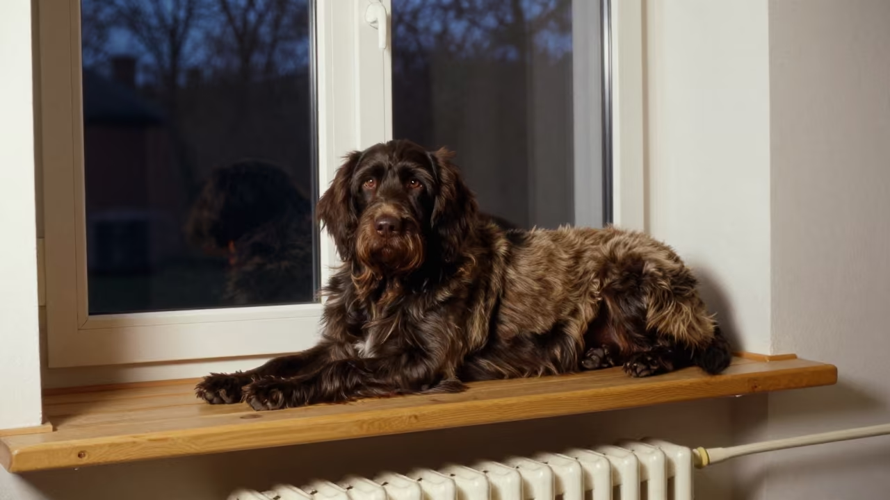 German Longhaired Pointer Resting on Window Seat in on a window seat in a quiet apartment with soft side light in Cottbus