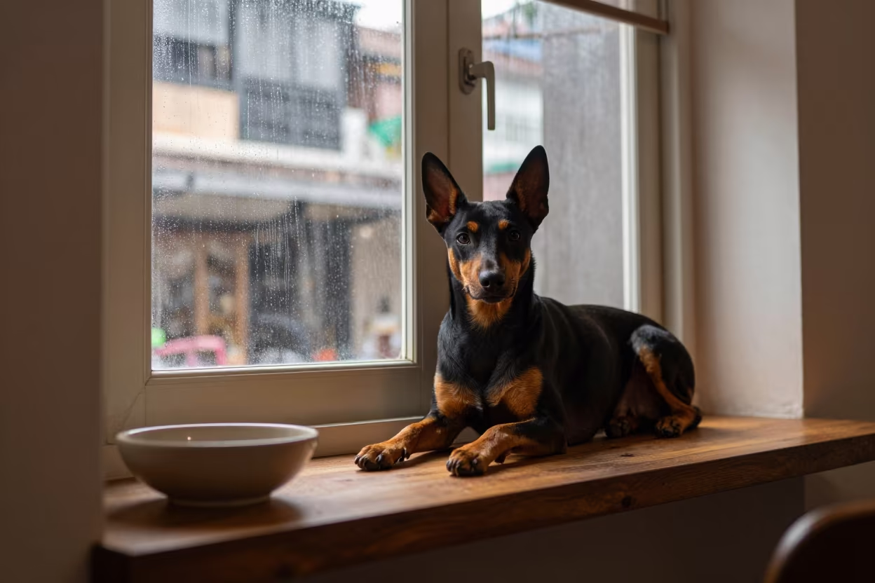 German Pinscher on Window Seat in Phnom Penh in on a window seat in a quiet apartment with soft side light in Central Market, Phnom Penh