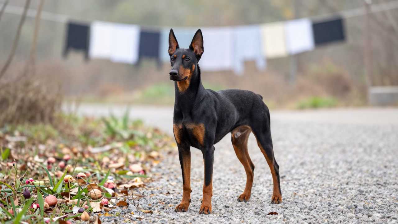 German Pinscher on Xian Park Path Morning in near a garden edge with soft morning light and an uncluttered background near Xian