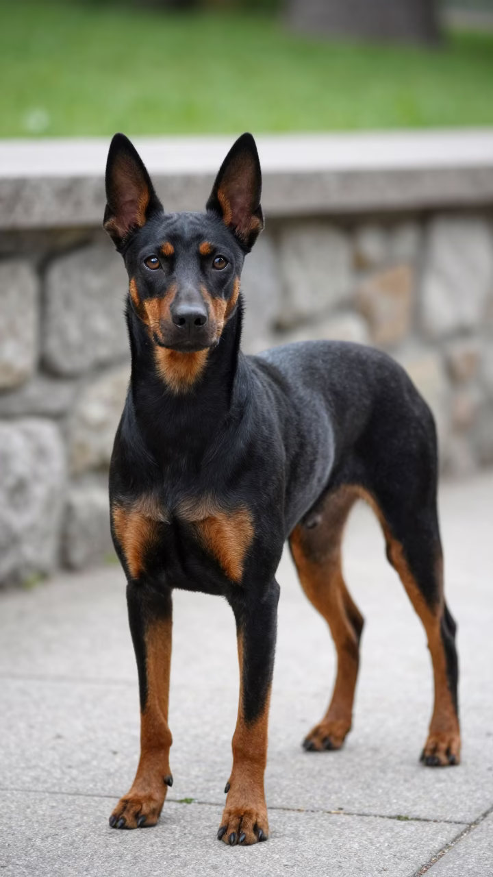 German Pinscher Portrait on Birmingham Park Path in along a quiet park path with soft open shade and a clean background in Birmingham