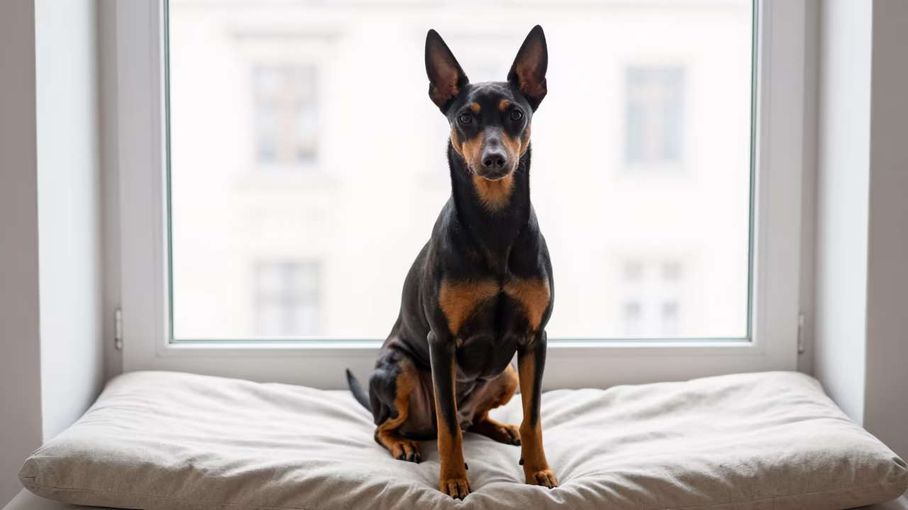 German Pinscher Portrait on Window Seat Bucharest in on a cushioned window seat with soft side light and an uncluttered background in Bucharest