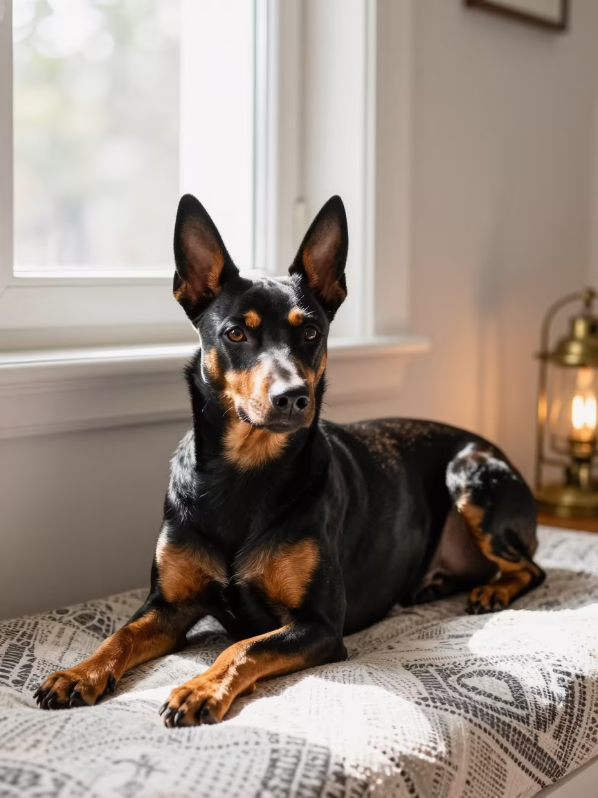 German Pinscher Resting on Bedspread Near Window in on a bedspread near a bright window with calm indoor light in Fergana