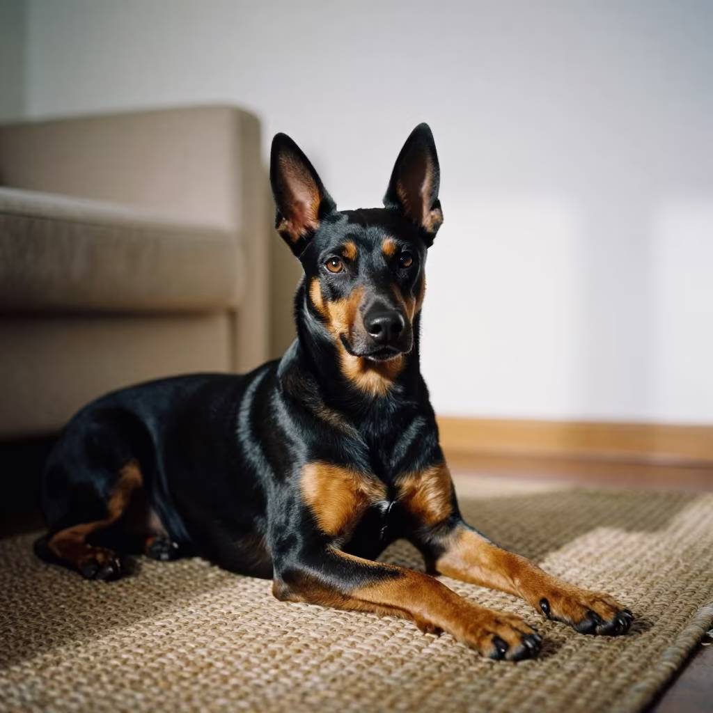 German Pinscher Resting on Rug in Ushuaia Home in on a woven rug beside a low couch and an uncluttered wall in Ushuaia