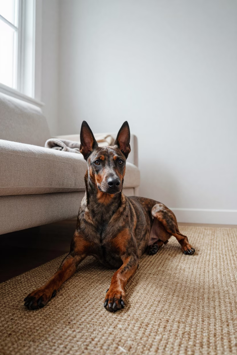 German Pinscher Resting on Woven Rug in on a woven rug beside a low couch and an uncluttered wall in Bor