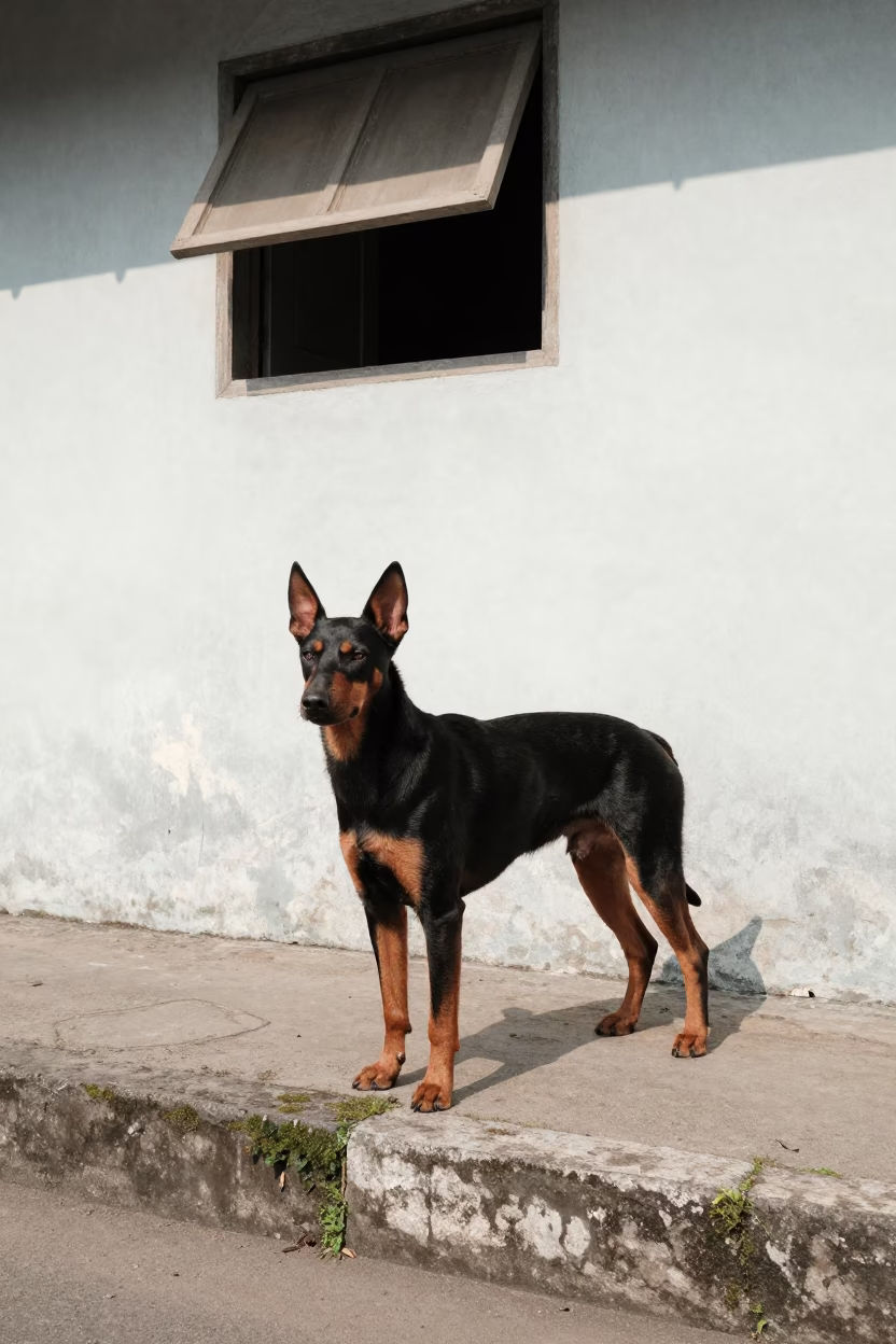 German Pinscher Standing Beside Courtyard Wall in beside a plain courtyard wall in clear daylight with the animal at eye level in Makassar