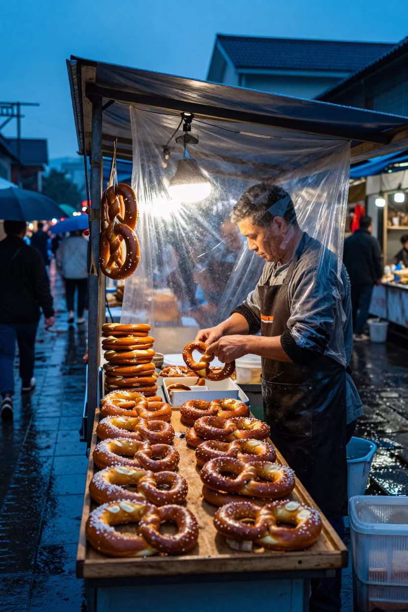German Pretzel Vendor in Nanning Market in in a covered bazaar aisle in Nanning