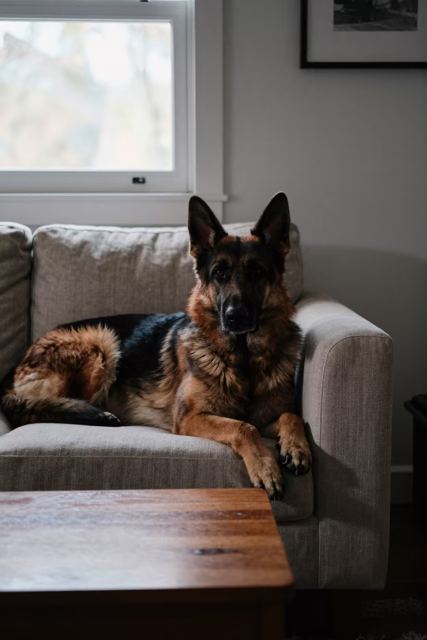 German Shepherd at Dawn on Linen Sofa in on a linen sofa with daylight from a nearby window in Toamasina