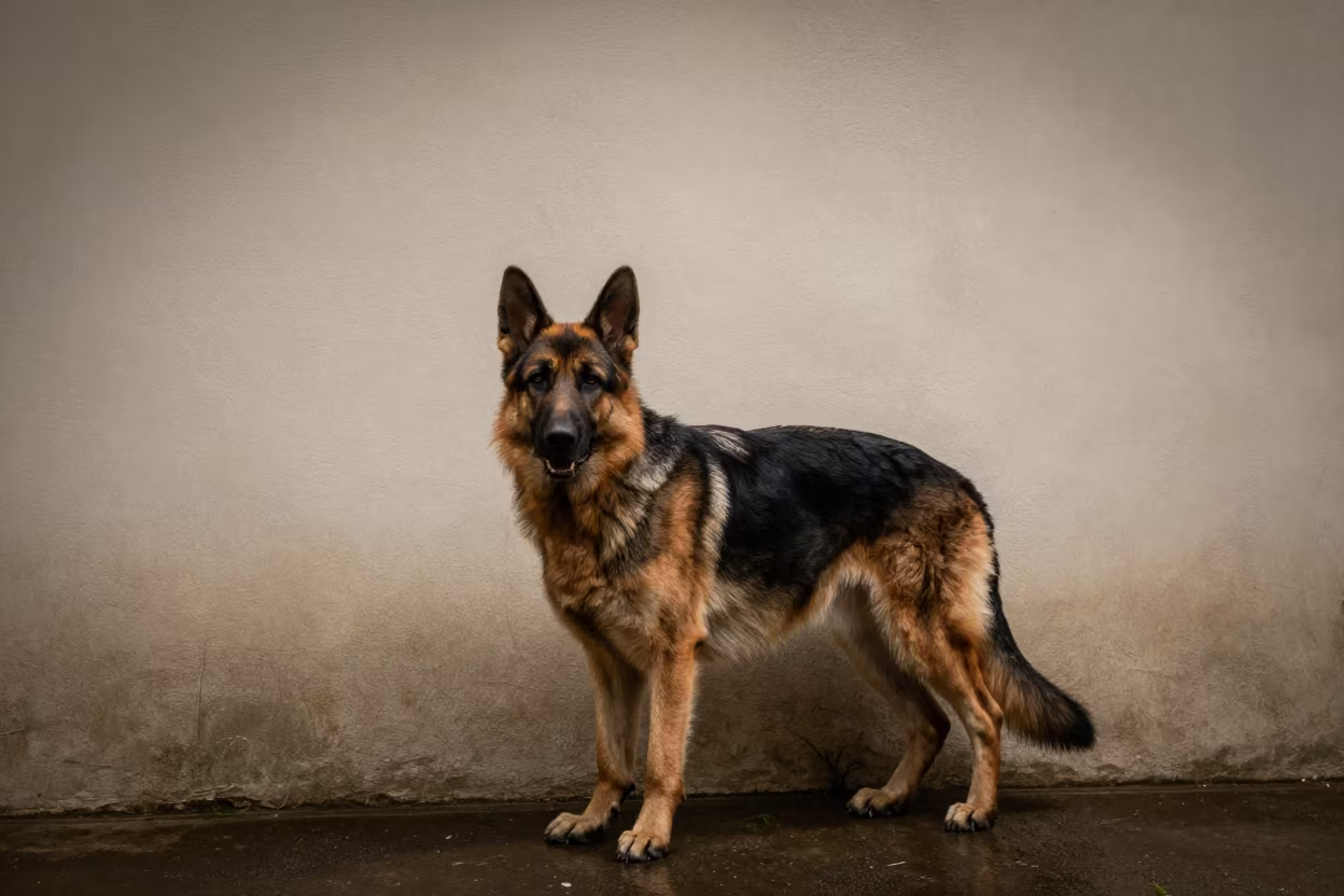 German Shepherd Dog in Chiang Mai Courtyard in beside a plain courtyard wall in clear daylight with the animal at eye level in Chiang Mai