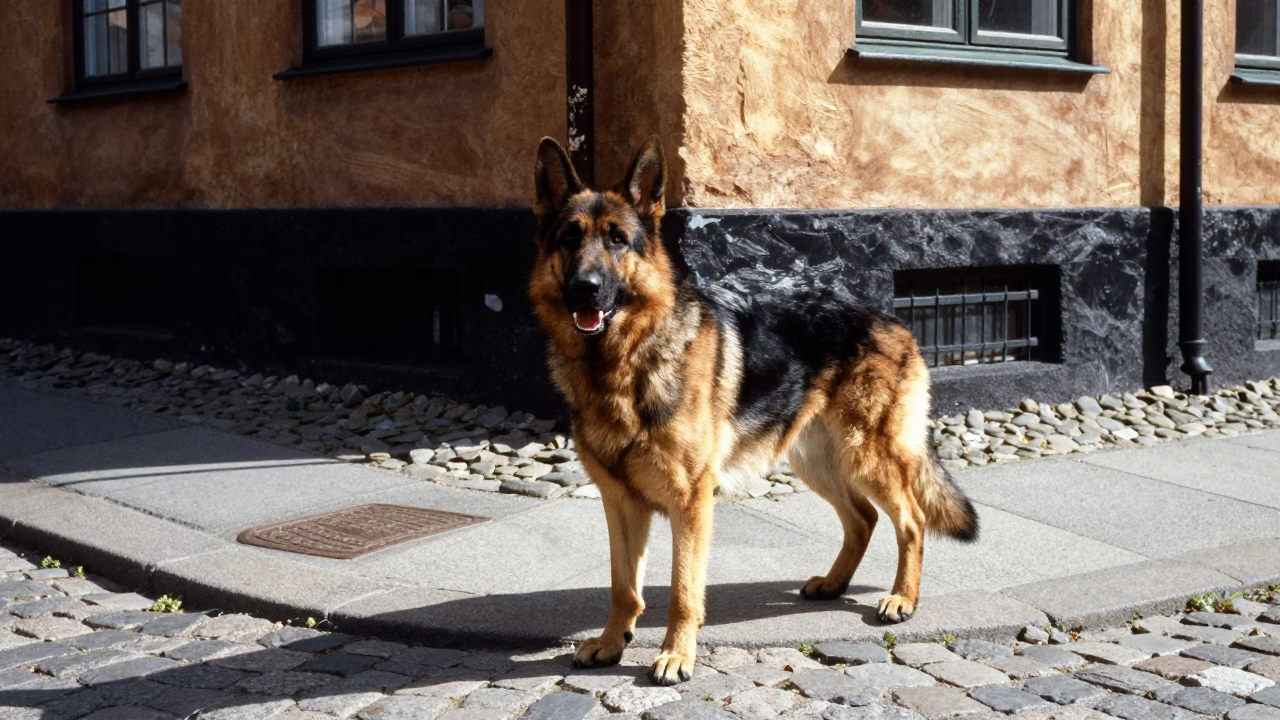 German Shepherd Dog on Copenhagen Street Under Flat Noon Light in in Copenhagen, Denmark