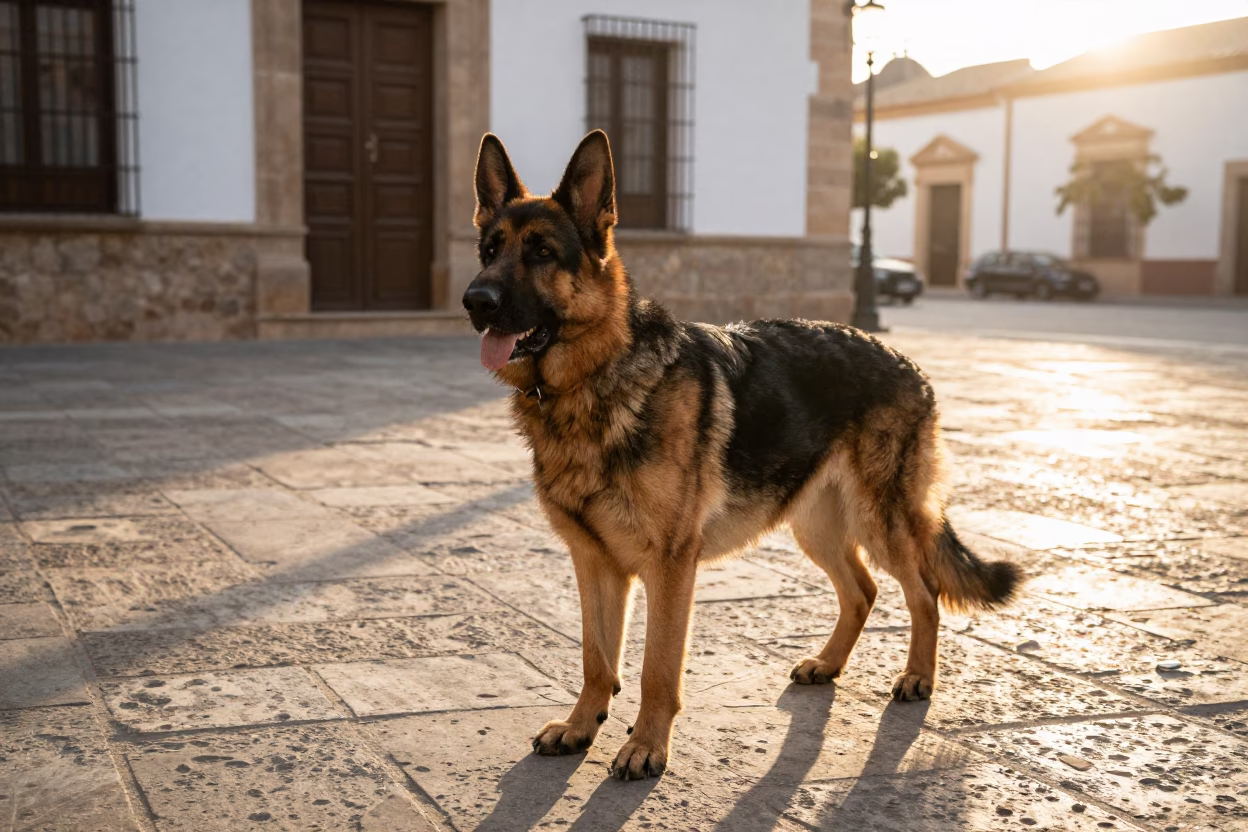 German Shepherd Dog Waiting on Valencia Plaza at Sunrise with Boot Scraper in in Valencia, Spain
