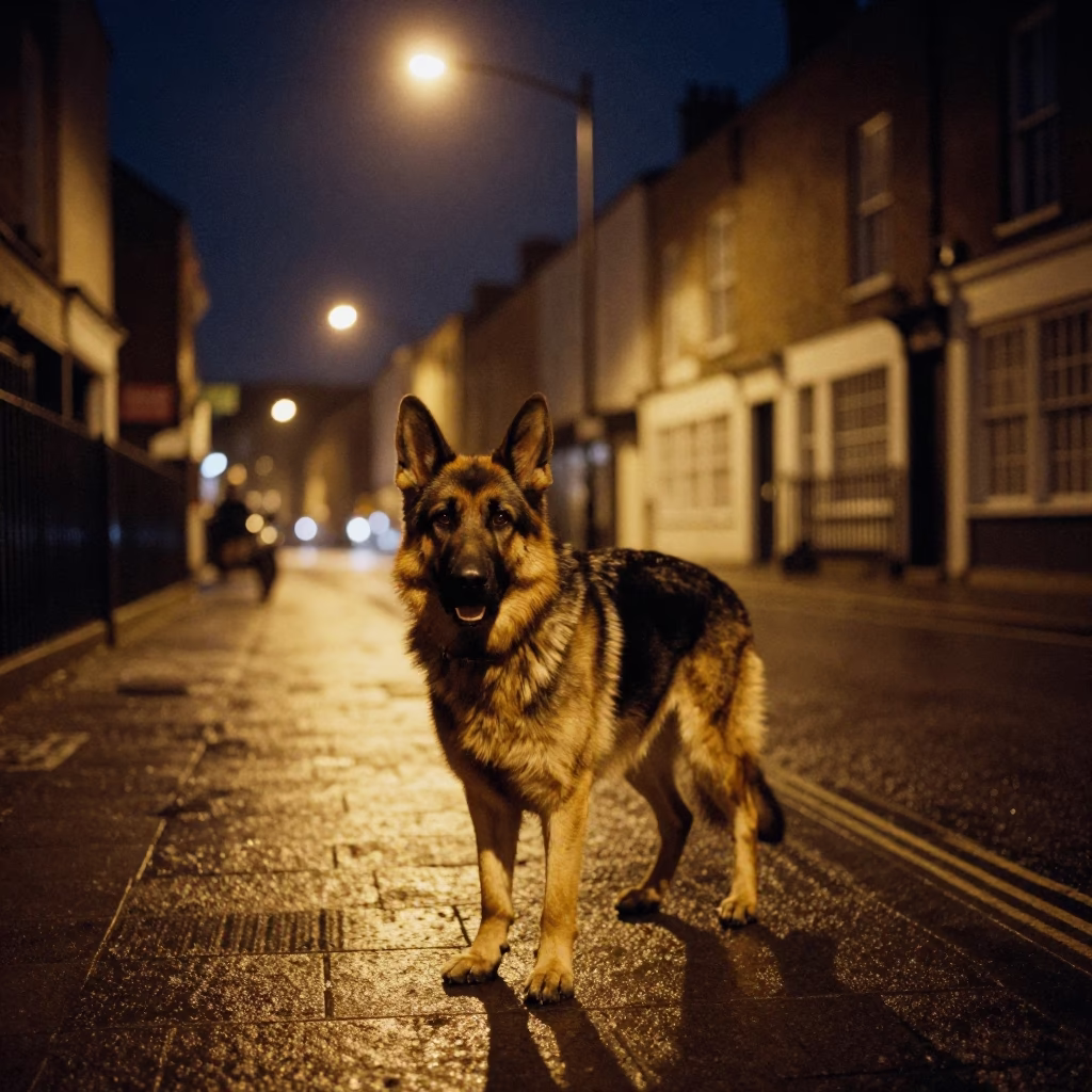 German Shepherd Dog Walking on Bristol Street Under Deep Night Sky with Urban Details in in Bristol, United Kingdom