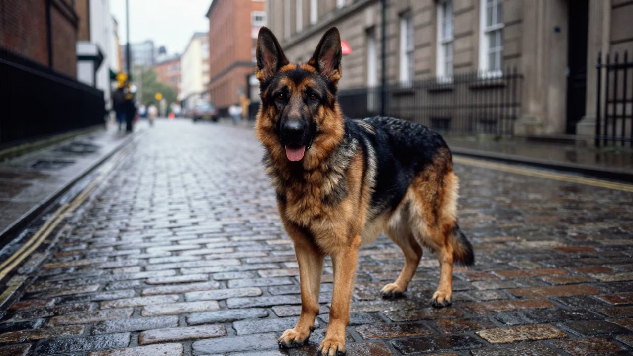 German Shepherd Dog Walking on Liverpool Street in Late Morning Sunlight in in Liverpool, United Kingdom