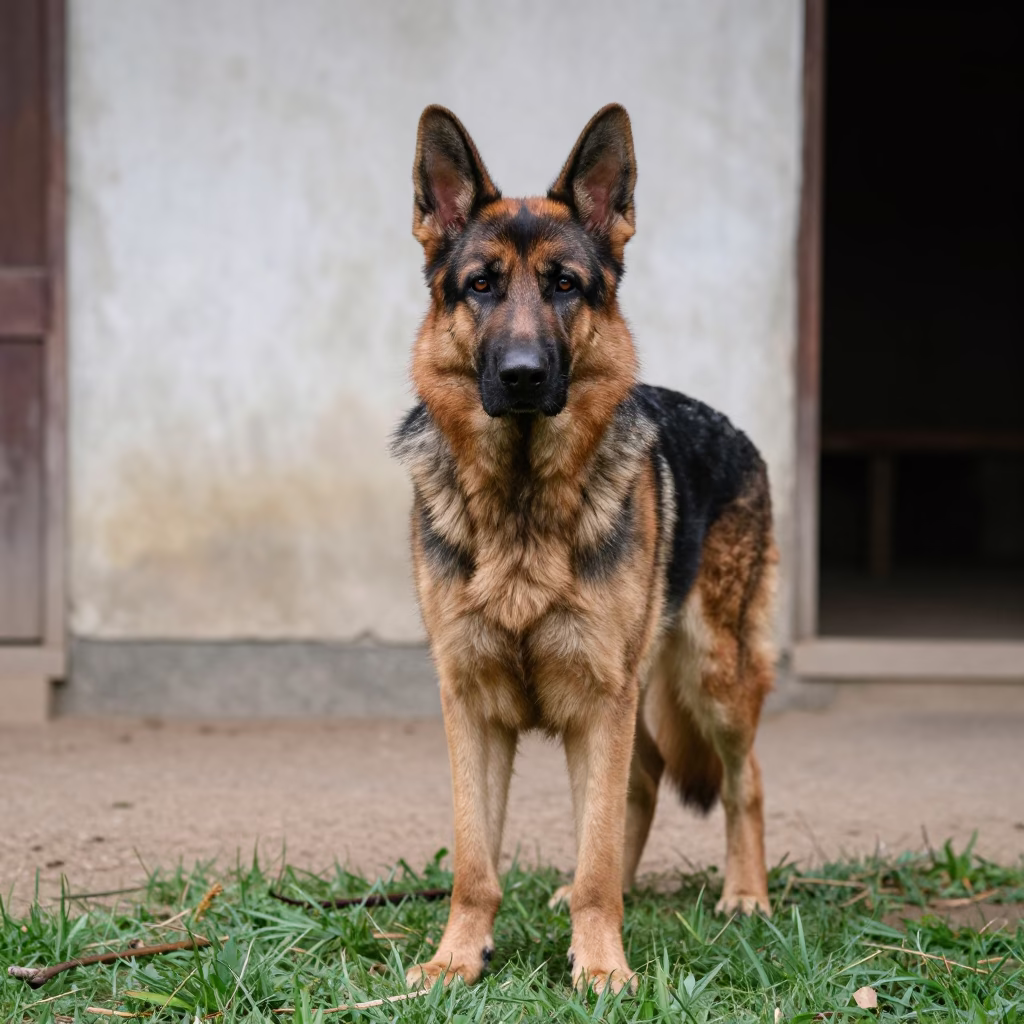 German Shepherd in Bamako Yard in in a small yard with clipped grass, calm light, and the animal centered in frame in Bamako