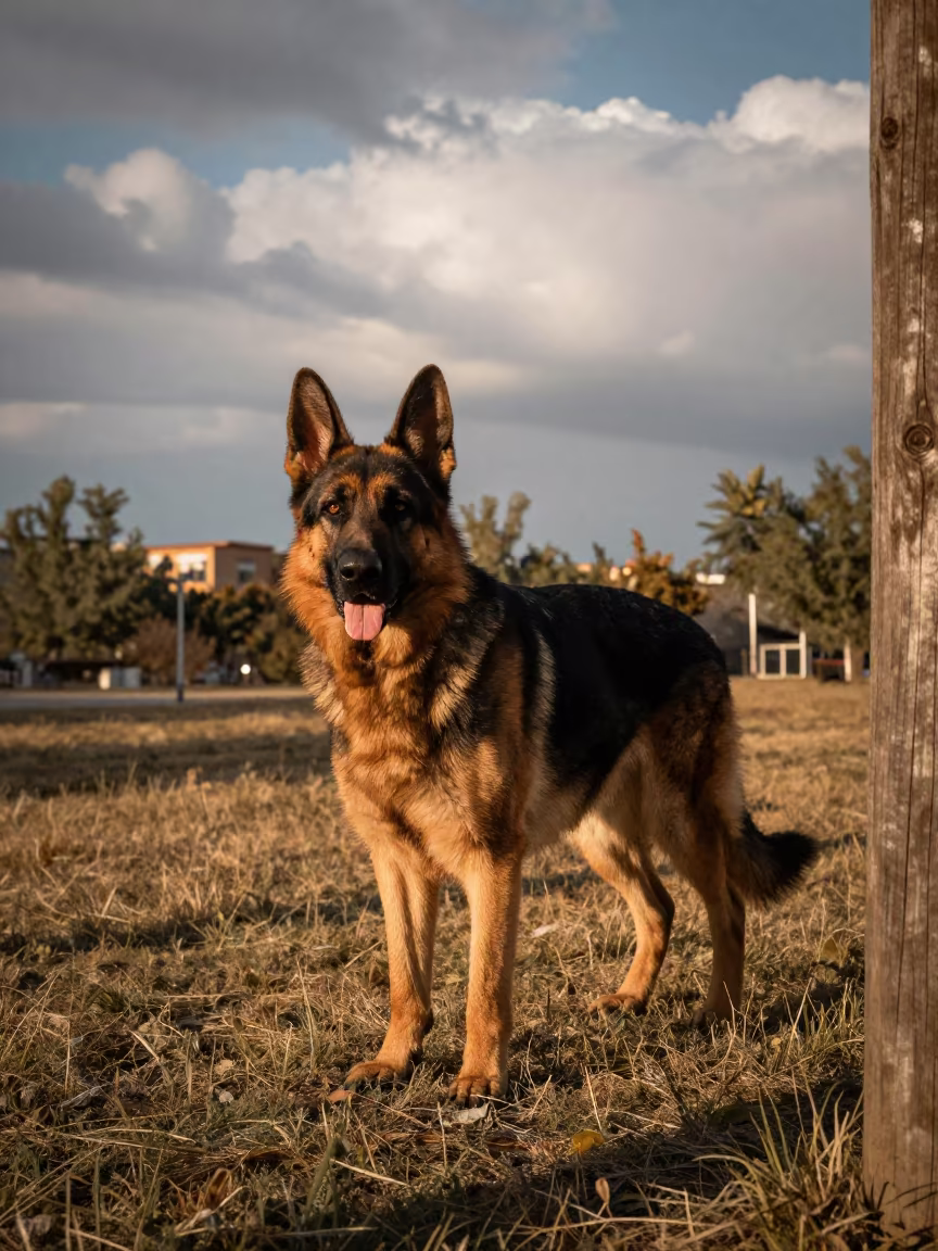 German Shepherd in Late Summer Park Bishkek in along a quiet park path with soft open shade and a clean background in Bishkek