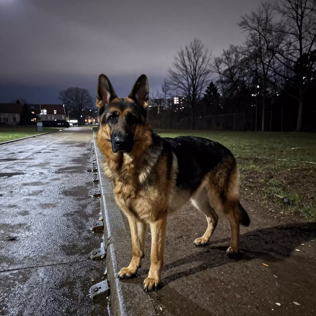 German Shepherd in Night Shade Near Atbarah in along a quiet park path with soft open shade and a clean background near Atbarah