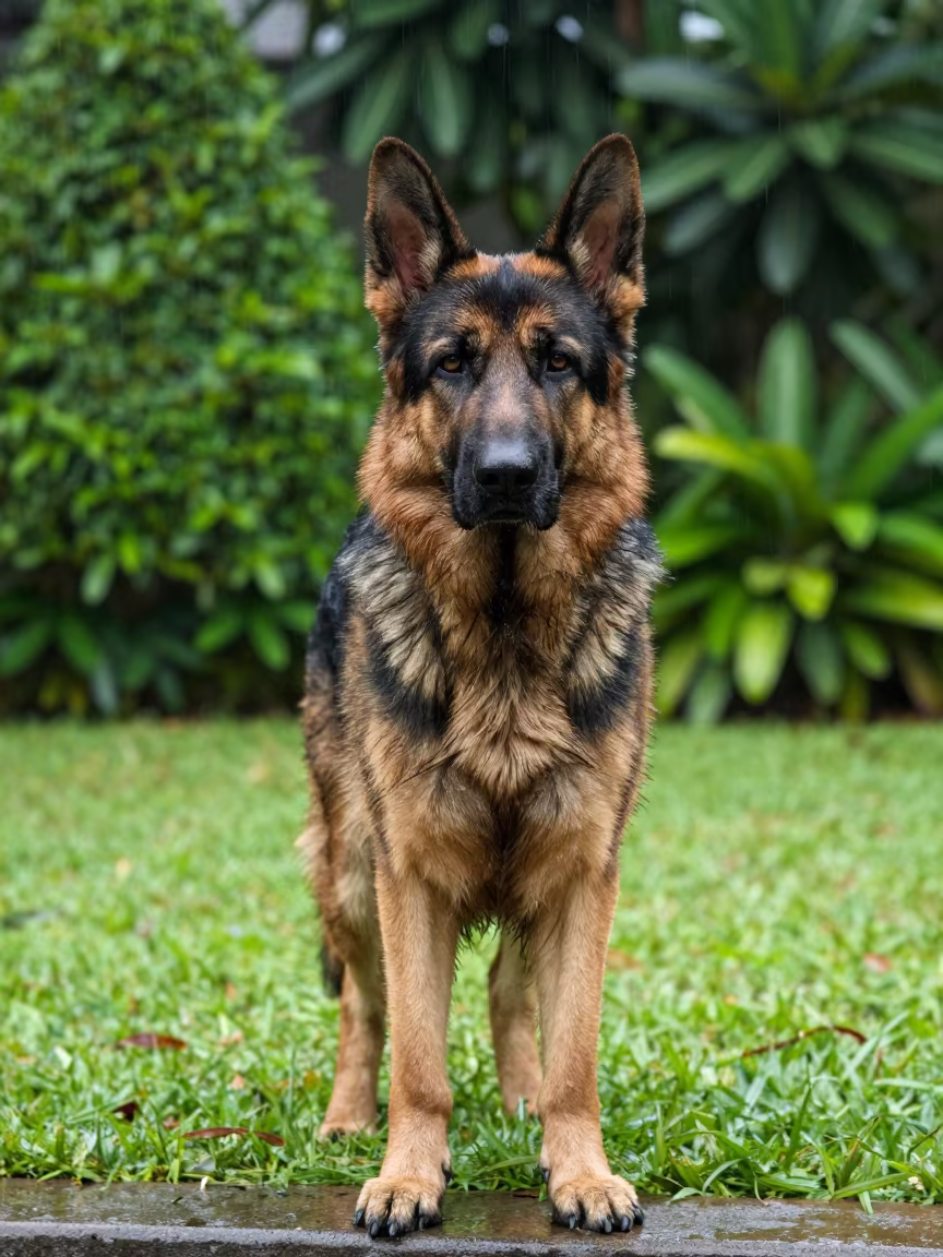 German Shepherd Portrait in Little India Singapore Rain in near a garden edge with soft morning light and an uncluttered background in Little India, Singapore