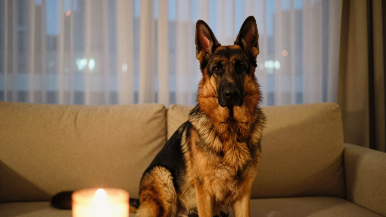 German Shepherd Portrait on Sofa in Ajman Living Room in on a sofa near a curtained window with calm indoor light in Ajman