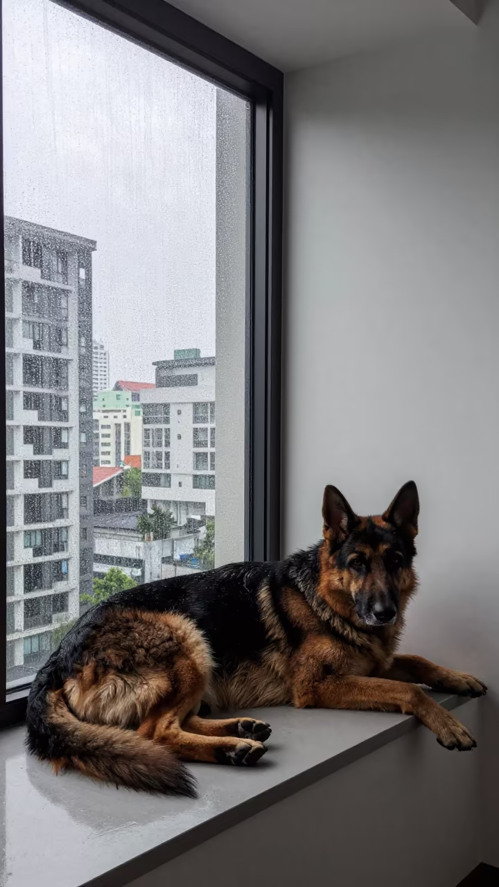 German Shepherd Resting on Bangkok Window Seat at Dawn in on a window seat in a quiet apartment with soft side light near Sukhumvit, Bangkok