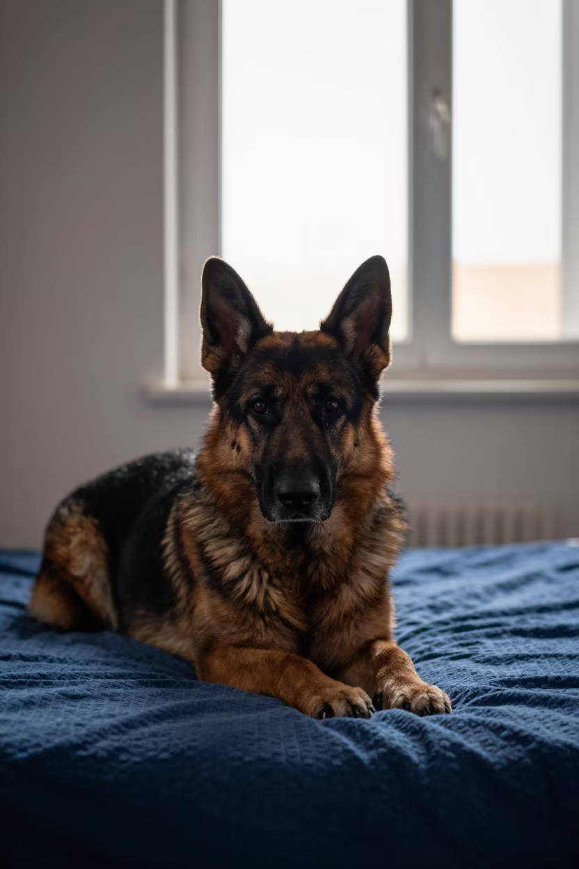German Shepherd Resting on Bedspread at Dawn in on a bedspread near a bright window with calm indoor light near Rabat