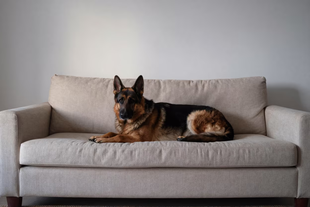 German Shepherd Resting on Linen Sofa in La Paz Morning in on a linen sofa with daylight from a nearby window near La Paz