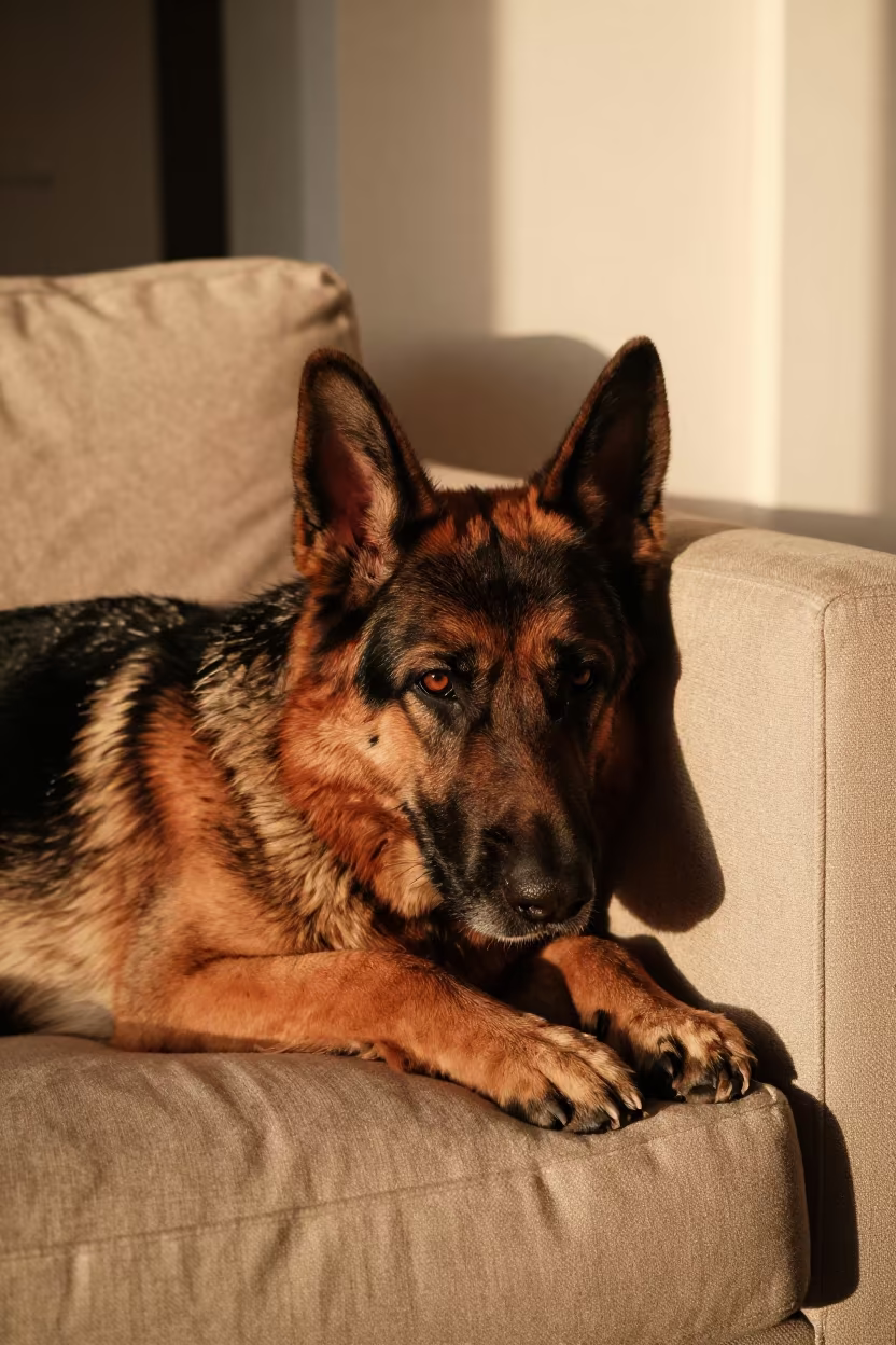 German Shepherd Resting on Linen Sofa in Newcastle in on a linen sofa with daylight from a nearby window in Newcastle