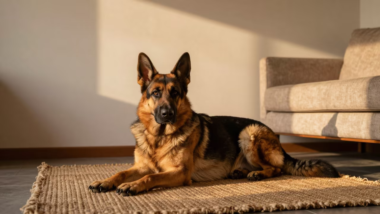 German Shepherd Resting on Woven Rug in Minatitlán in on a woven rug beside a low couch and an uncluttered wall in Minatitlán