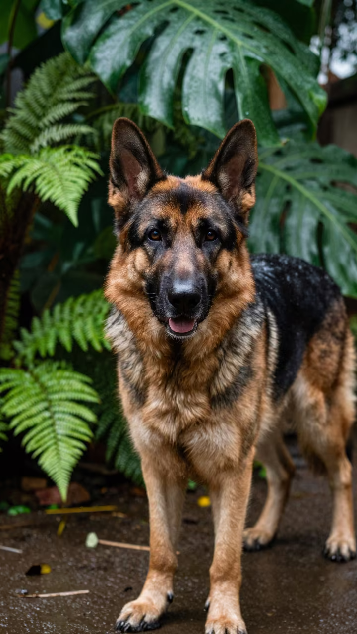 German Shepherd Standing in Yangon Garden Light in near a garden edge with soft morning light and an uncluttered background in Yangon